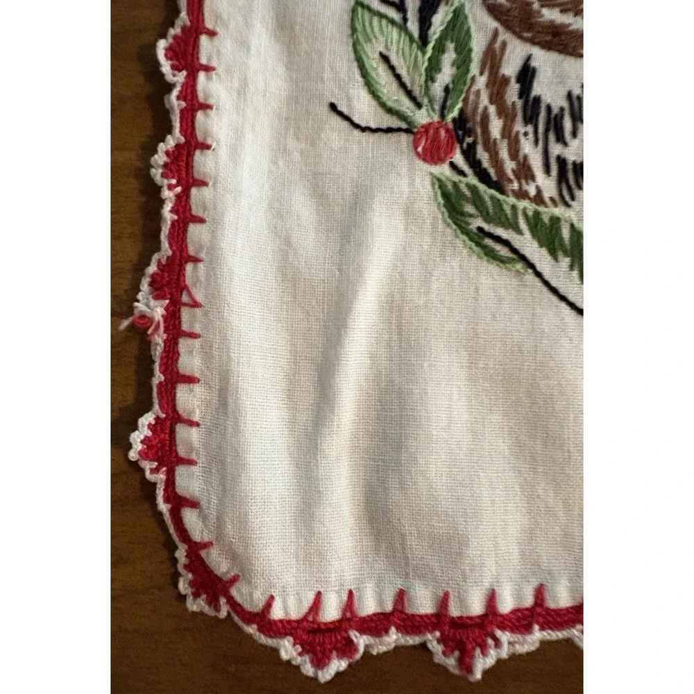 Vintage Hand Embroidered Tea Towel Table Runner Mom & Baby Deer White Red Green